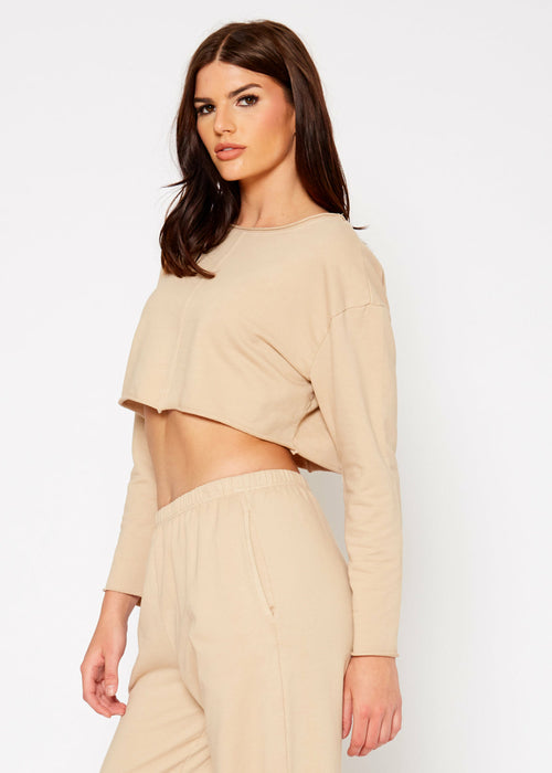 Cropped Scoop Neck Terry Sweatshirt In Khaki