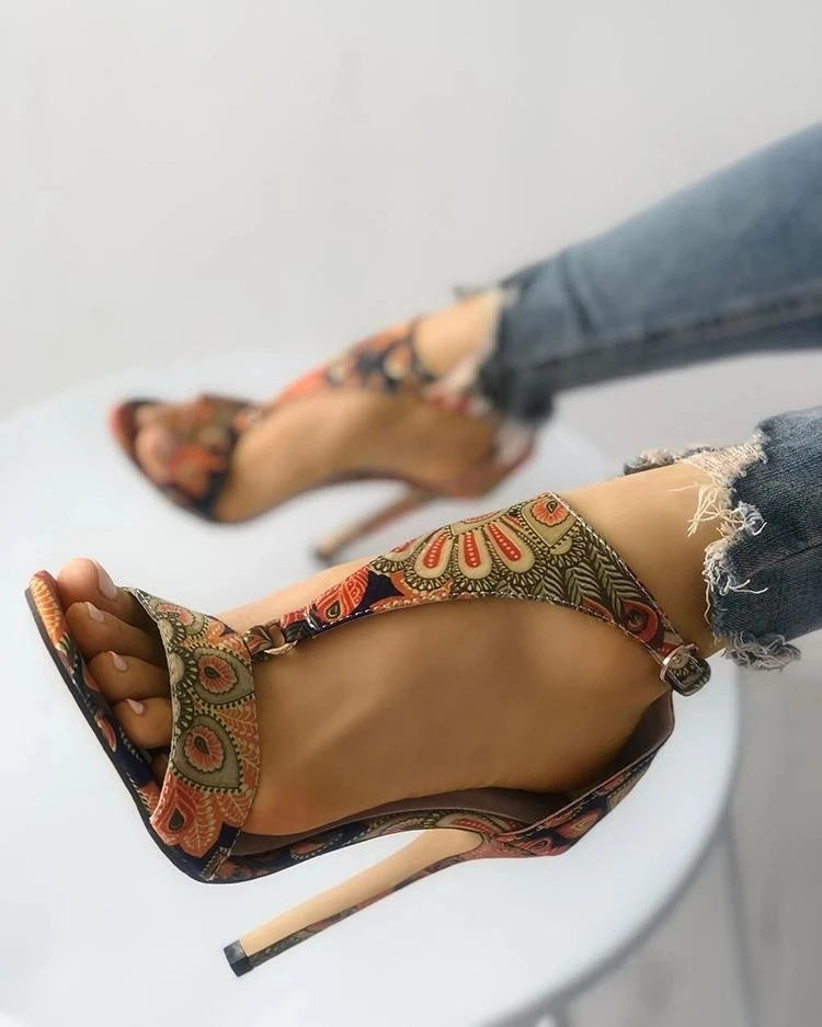 Color: Bronze, Size: 40 - Women's Shoes Stiletto High Heels 40-43 Large Size Printed High Heel Sandals