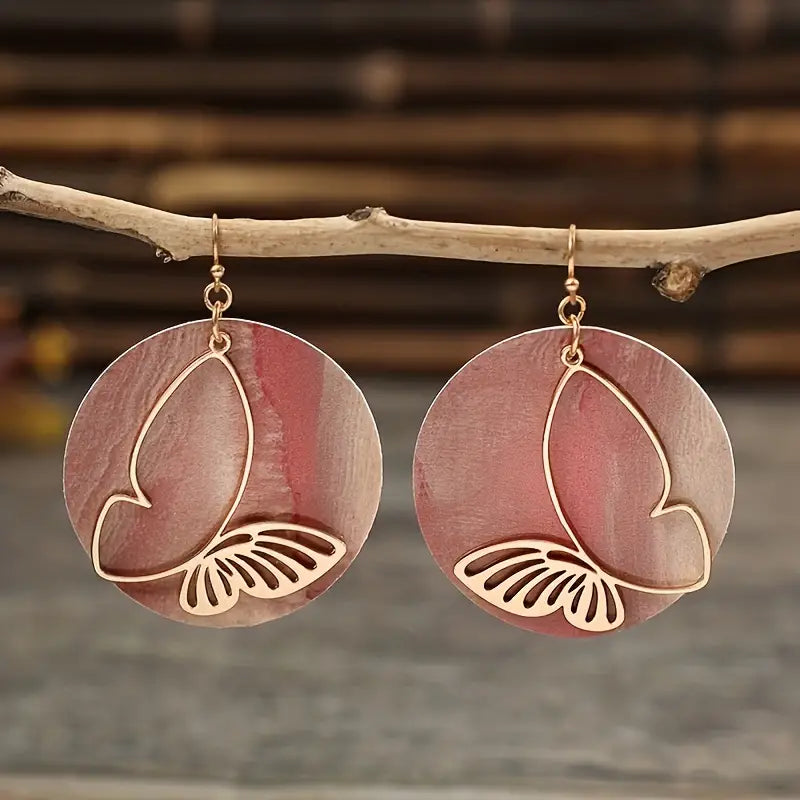 Pink Wave Pattern With Exquisite Hollow Golden Butterfly Design Dangle Earrings