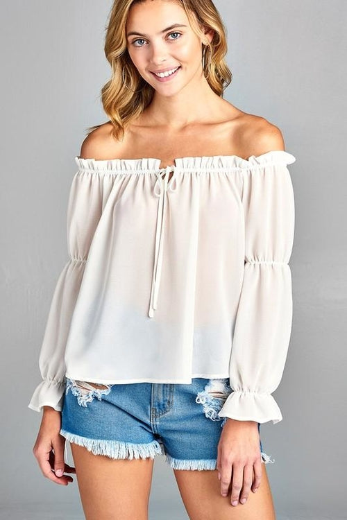 Women's Puff Long Sleeve Ruffled Front Tie Off Shoulder Top