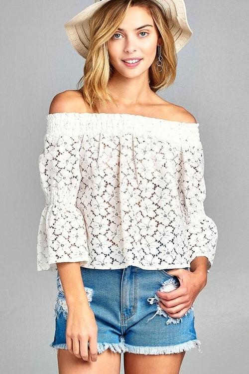 Women's 3/4 Three Quarter Long Sleeve Off Shoulder Floral Lace Top