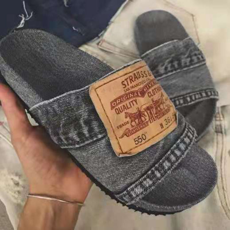 Color: Grey, Shoe size: 43 - Beach Solid Color Casual Denim Fish Mouth Flat-Heel Slippers