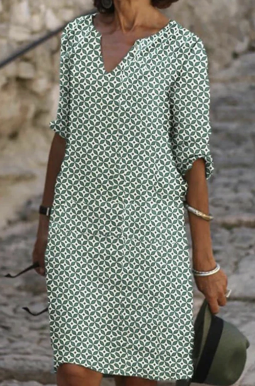 Color: Green, Size: XL - Printed Loose Floral Retro Round Neck Dress