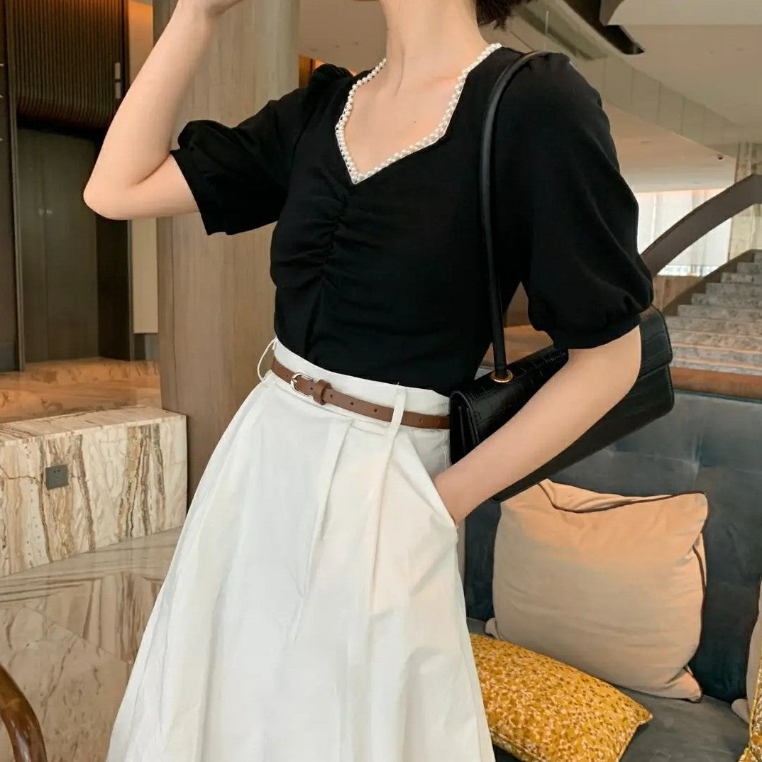 Color: White skirt, Size: S - Half-length Skirt Suit Nocturne Puff Sleeve Short-sleeved T-shirt Women