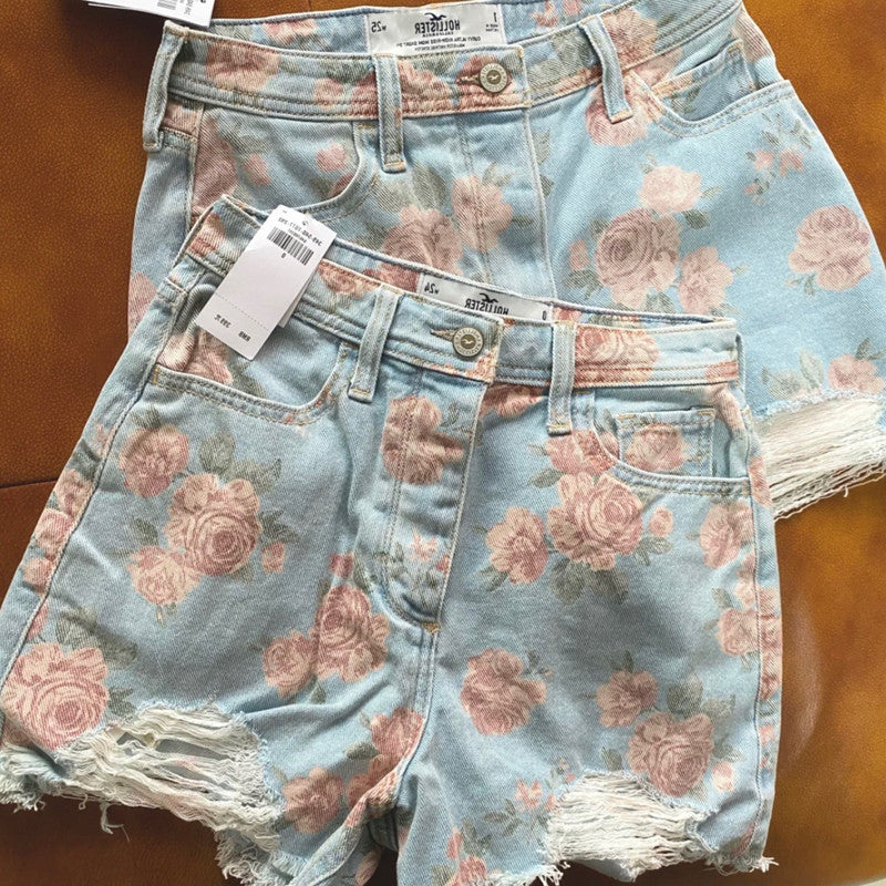 style: A, Size: M - Rose Flower Print High Waist Wide Leg Denim Shorts Women