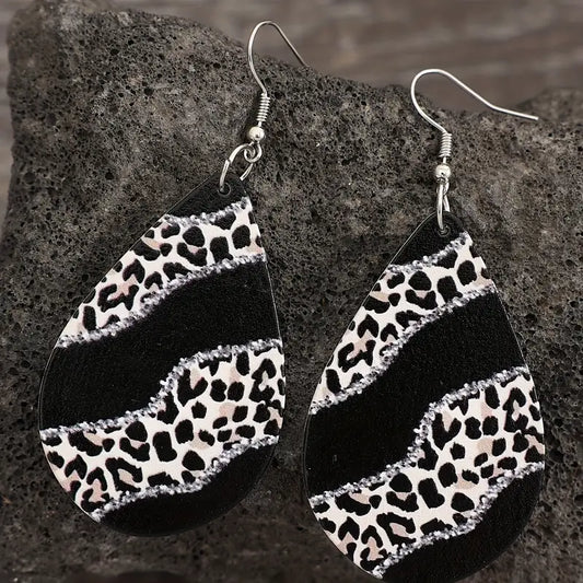 Black And White Leopard Water Drop Pattern Dangle Earrings