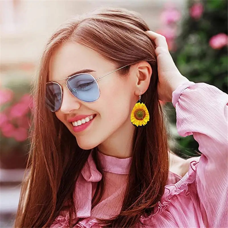 Sunflower Pattern Teardrop Dangle Earrings Bohemian Style