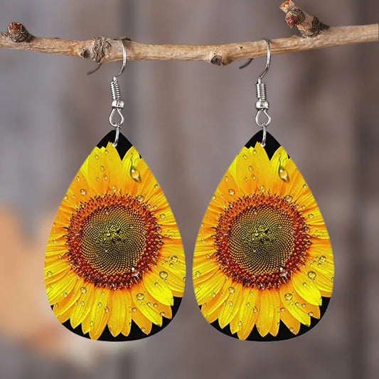 Sunflower Pattern Teardrop Dangle Earrings Bohemian Style