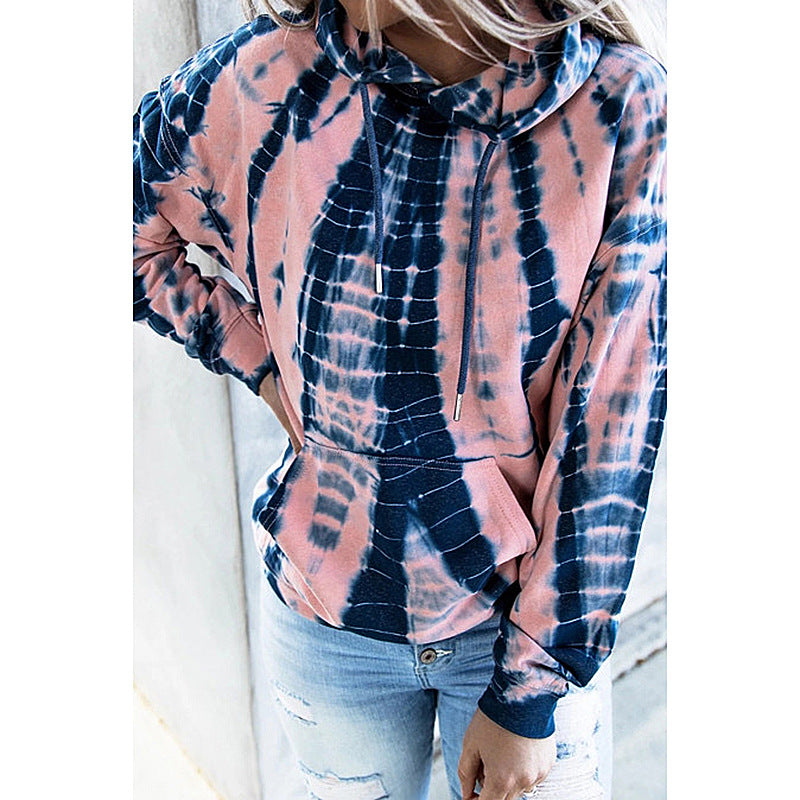 Color: Pink tie dye, Size: M - Tie-Dye Printed Sweater Loose Hooded Long Sleeve Top