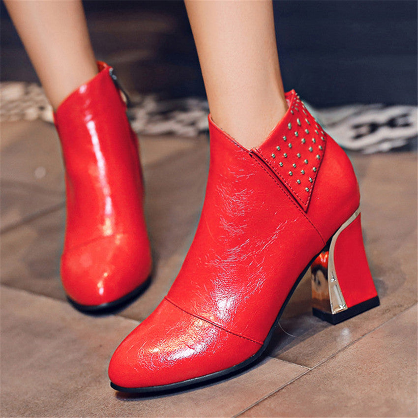 Color: Red, Size: 48 - High-heeled thick-heeled women's boots with velvet