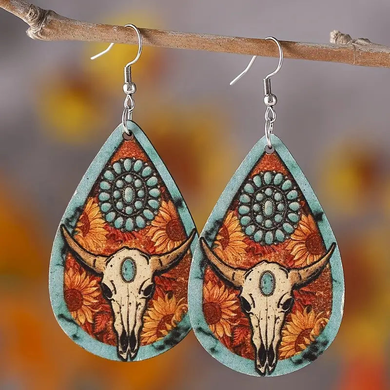 Vintage Western Ethnic Style Cow Head Turquoise Pattern Sun Flower Print Dangle Earrings