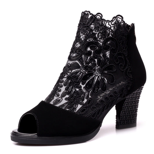 Color: black, size: 40 - Thick and breathable lace high heels