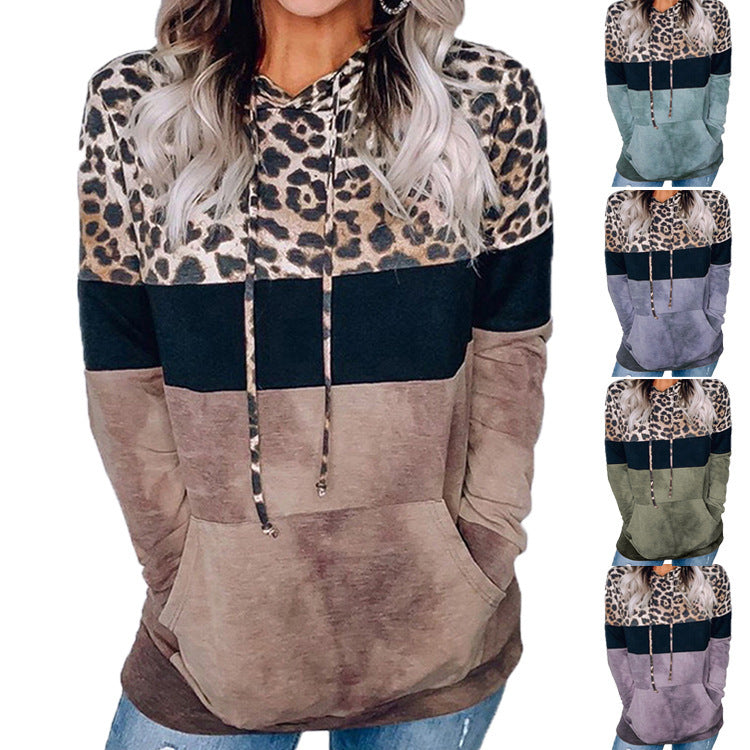 women's leopard print loose hooded long-sleeved sweater