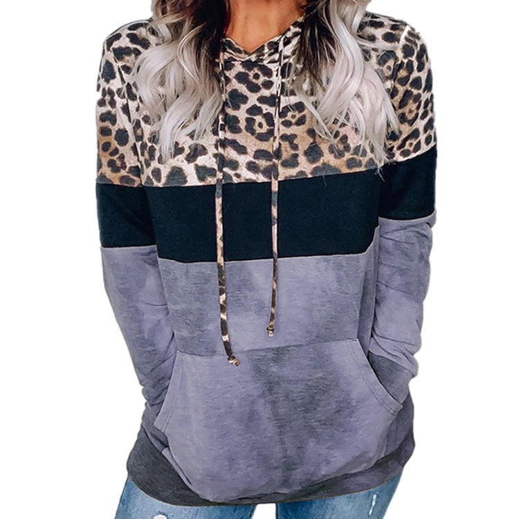 women's leopard print loose hooded long-sleeved sweater