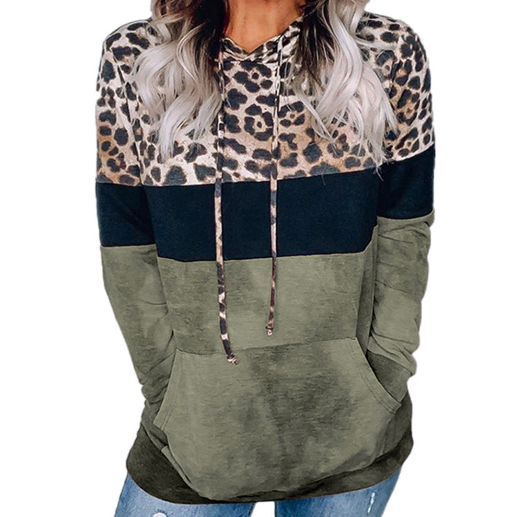 women's leopard print loose hooded long-sleeved sweater