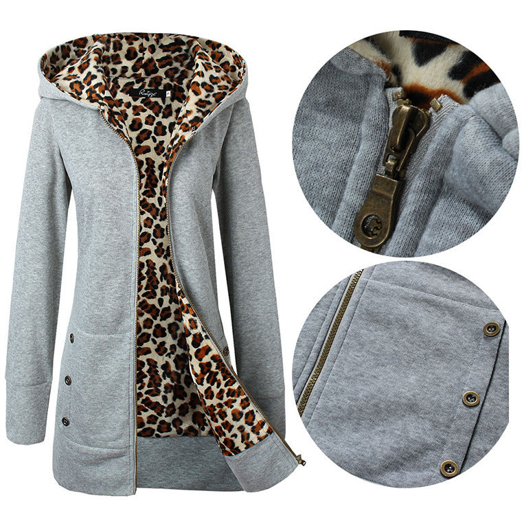 women's hooded thickened leopard sweater