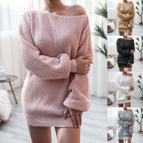 Autumn And Winter Long Sleeve Word-Neck Casual Loose Knitted Sweater