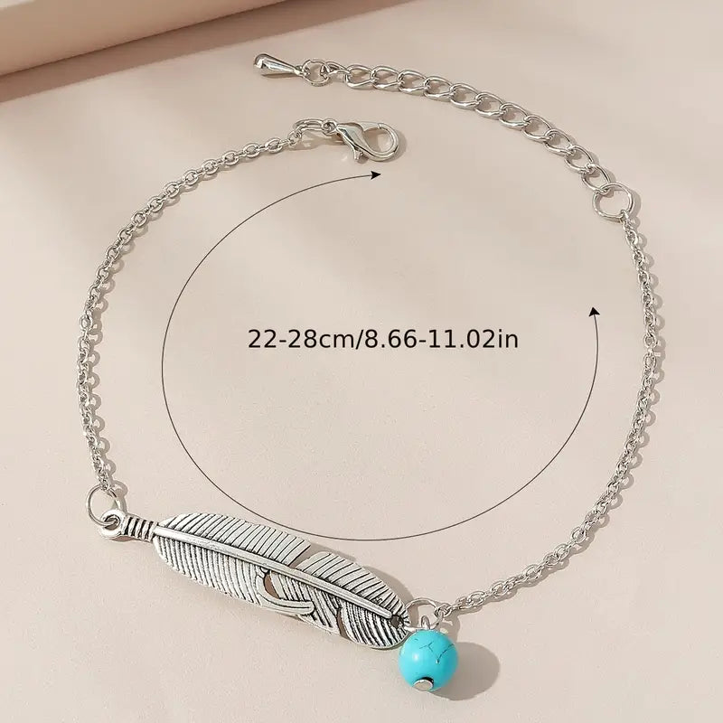 Zinc Alloy Leaf Shape Ankle Bracelet Round Cut Stone Pendant Adjustable Ankle Bracelet