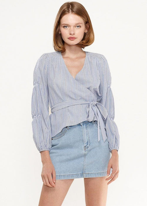 Smocked Sleeve Stripe Wrap Blouse in Blue