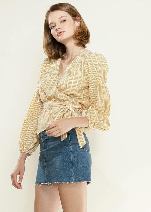 Smocked Sleeve Stripe Wrap Blouse in Yellow