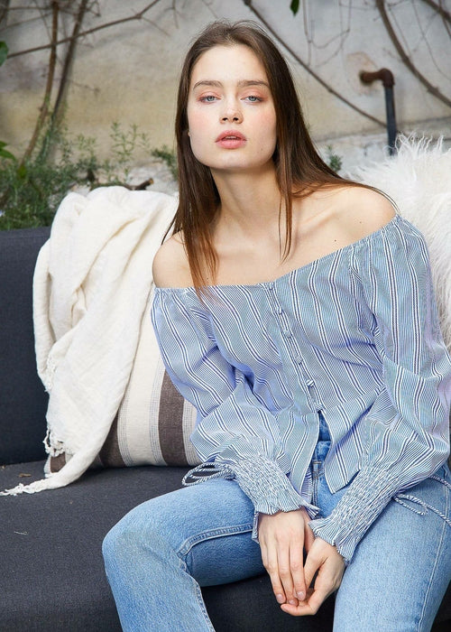 Smocked Cuff Button Front Peplum Blouse in Blue