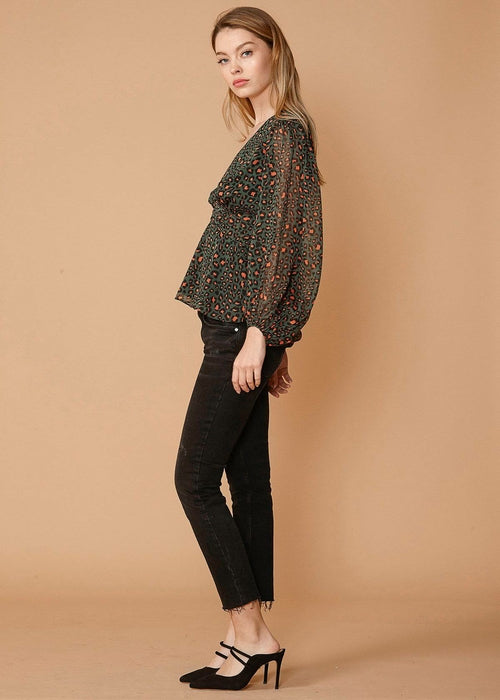 V-neck Puff Sleeve Blouse in Leopard Hunt