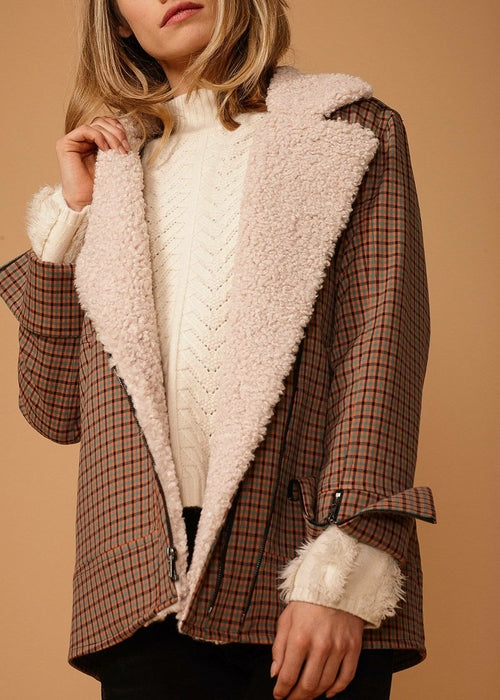 Asymmetrical Zip Front Coat in Peach Gingham