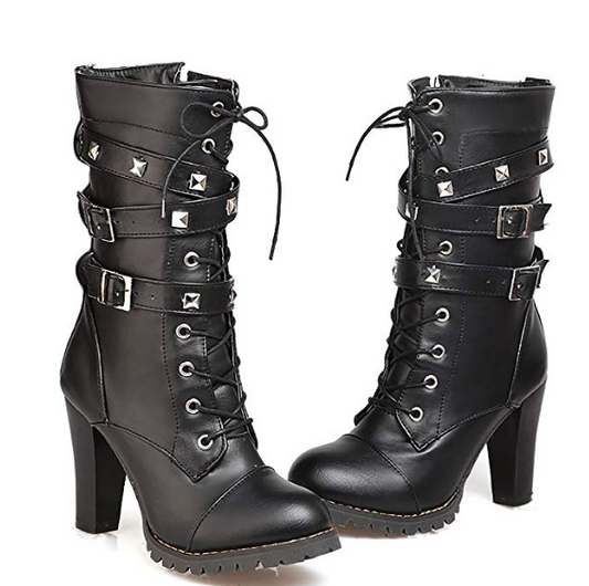 Color: Black, Size: 36, Style: 1 - High heel boot strap riveted Martin boots