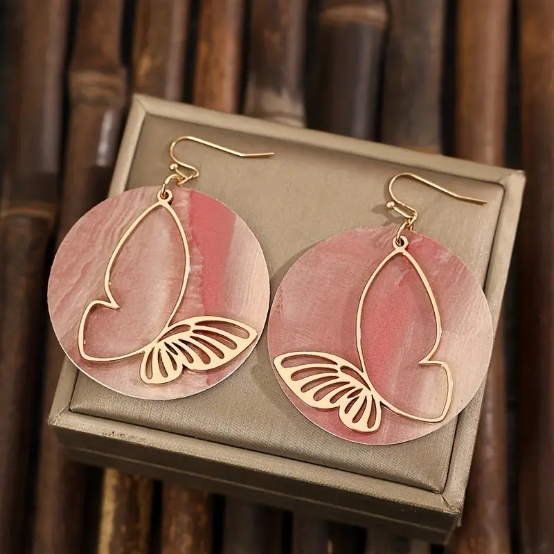 Pink Wave Pattern With Exquisite Hollow Golden Butterfly Design Dangle Earrings