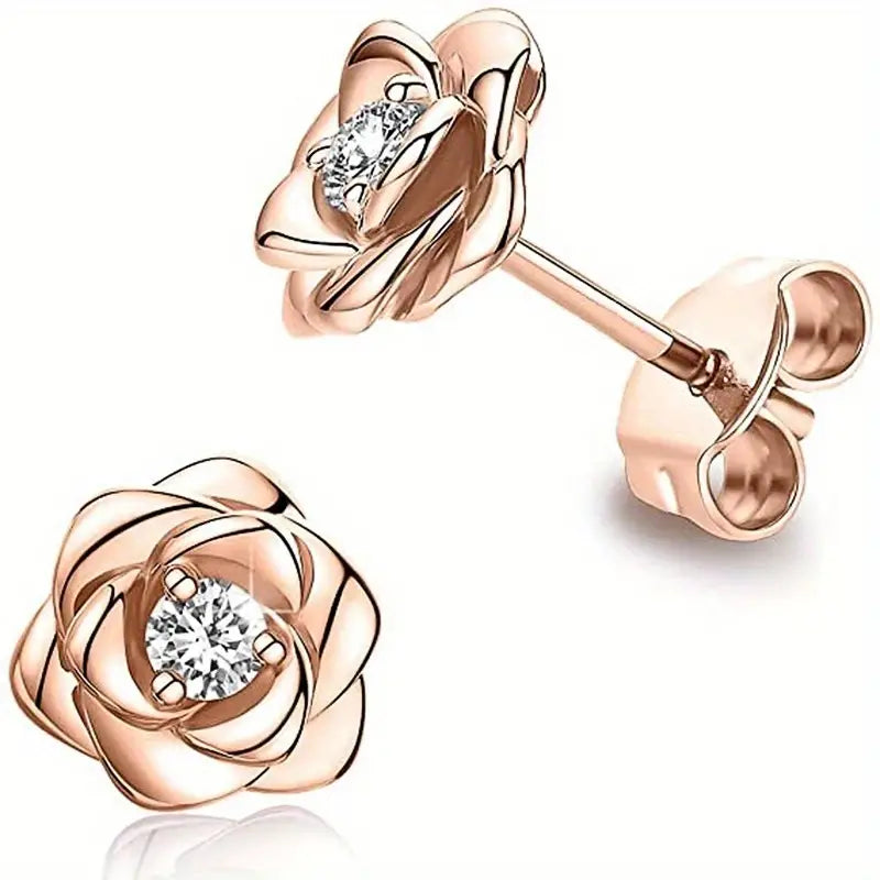 Cubic Zirconia & 14k Rose Gold-Plated Rose Stud Earrings