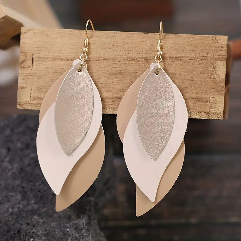 3-layer Leaf Design Retro Dangle Earrings PU Leather