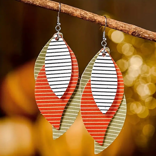 Retro Striped Three-layer S-shaped Leaf PU Leather Earrings