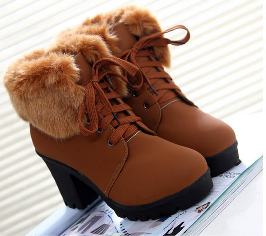 Color: brown, Size: 39 - Thick with Martin boots short boots British style high heel cotton boots