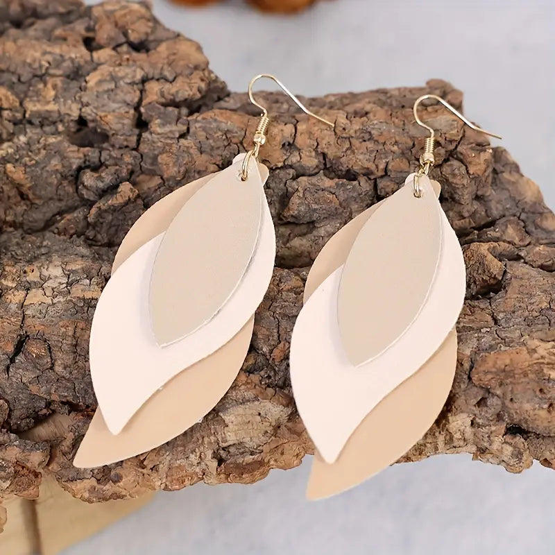 3-layer Leaf Design Retro Dangle Earrings PU Leather