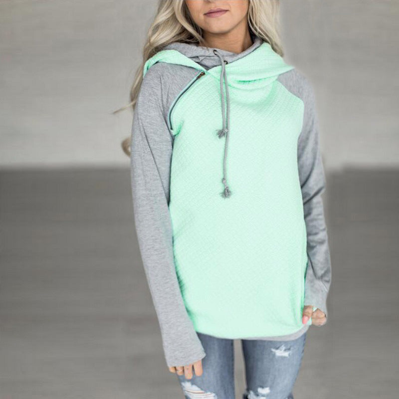 splicing hooded zipper long-sleeved sweater