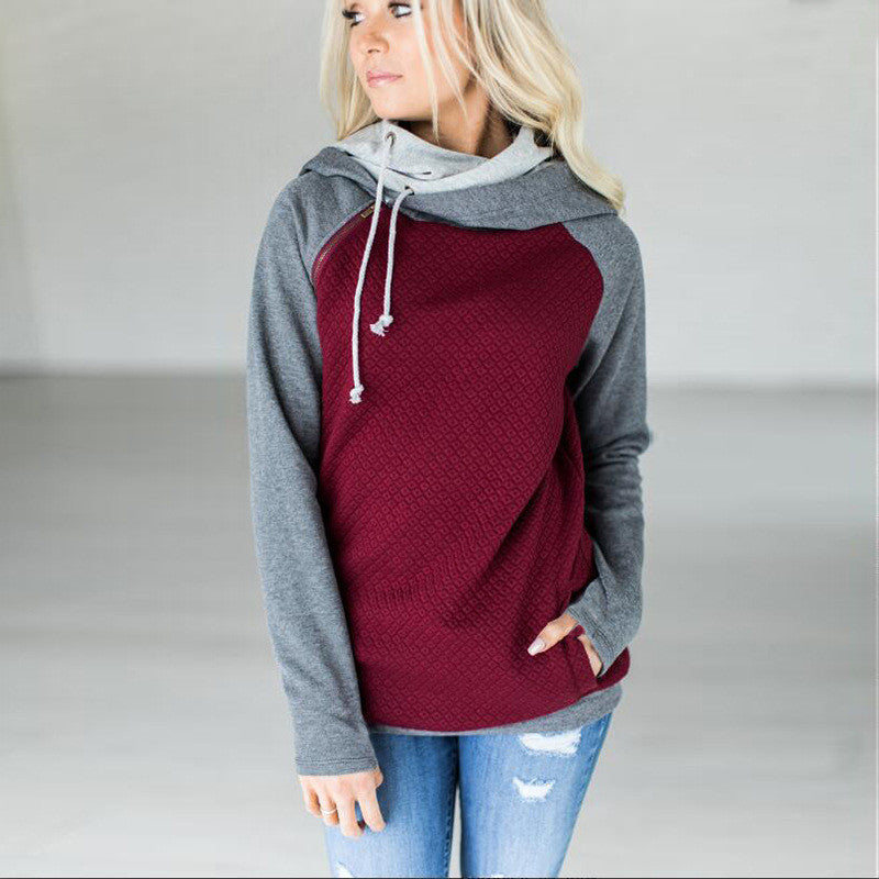 splicing hooded zipper long-sleeved sweater