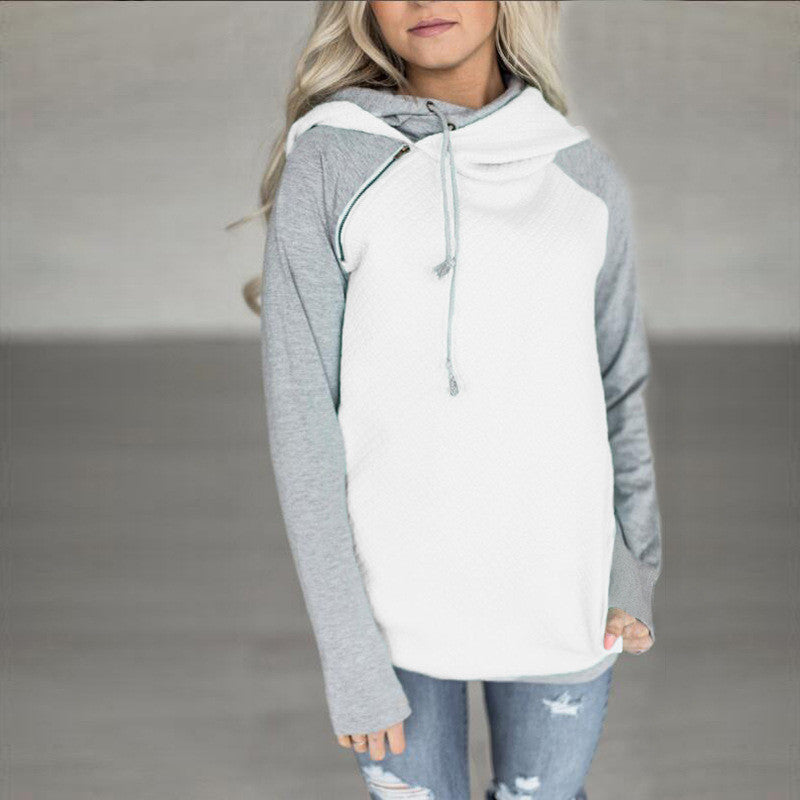 splicing hooded zipper long-sleeved sweater