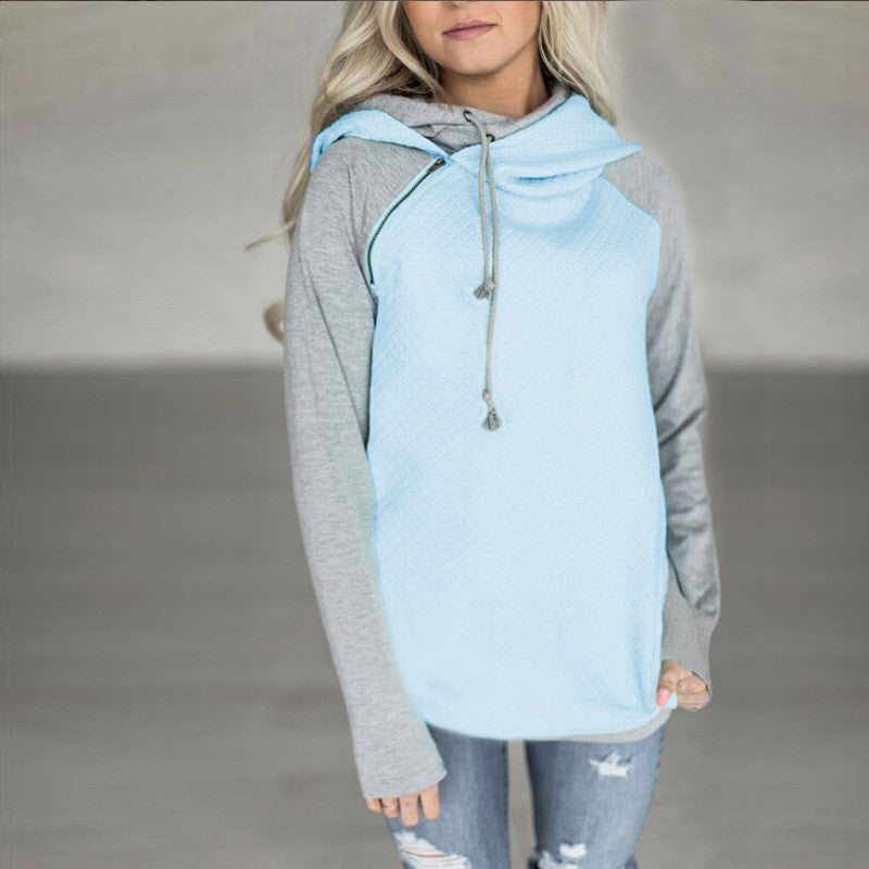 splicing hooded zipper long-sleeved sweater