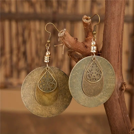 Zinc Alloy Bohemian Vintage Creative Distressed Carved Circle Dangle Earrings