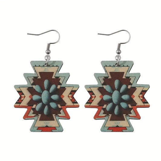 Vintage Ethnic Style Turquoise Aztec Geometric Pattern Dangle Earrings