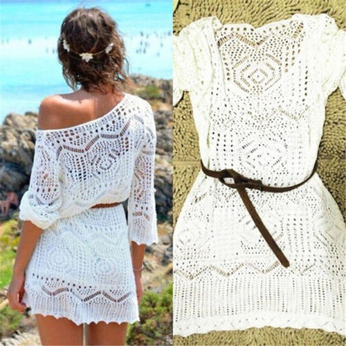 New Sexy Hook Flower Hollowed Out Cover Up Beach Knit Dress Half Skirt