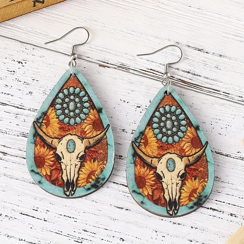 Vintage Western Ethnic Style Cow Head Turquoise Pattern Sun Flower Print Dangle Earrings