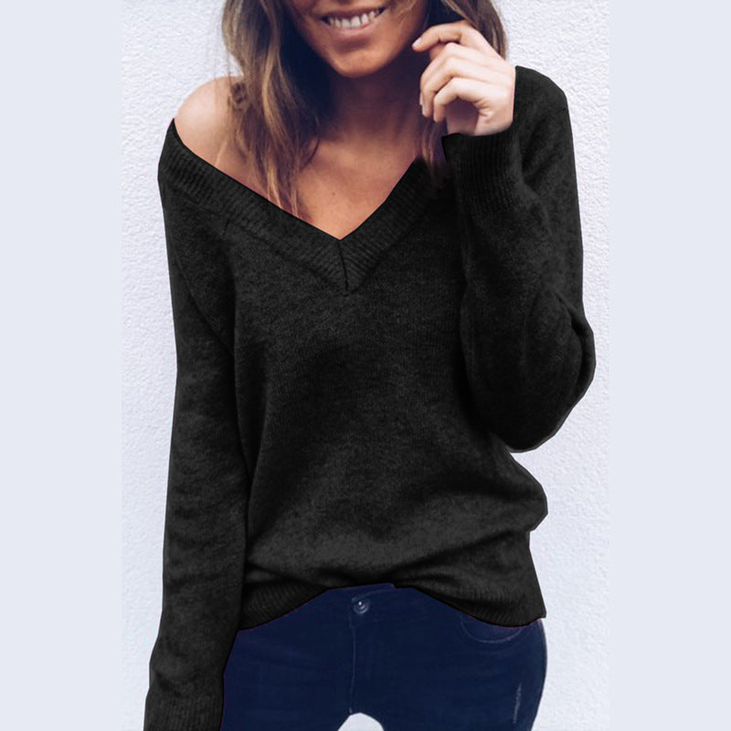 wool knitted big V-neck long-sleeved T-shirt top women