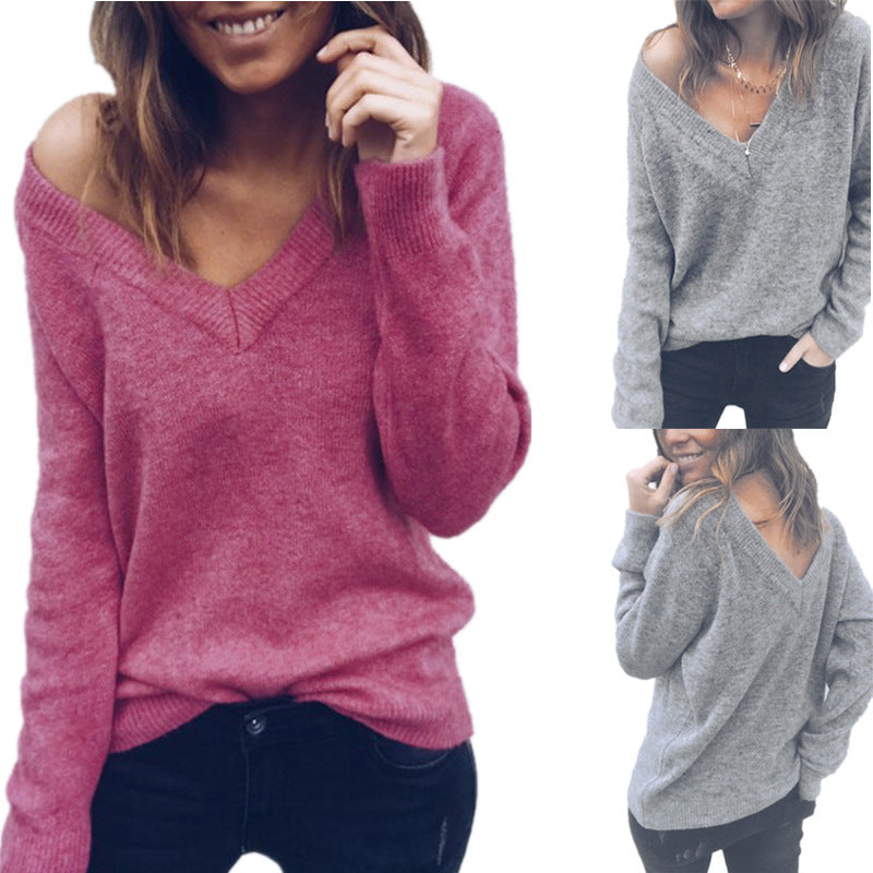 wool knitted big V-neck long-sleeved T-shirt top women