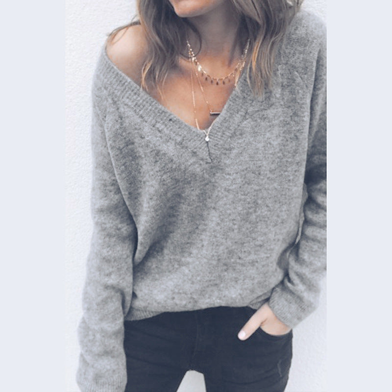 wool knitted big V-neck long-sleeved T-shirt top women