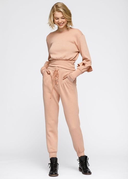 Crewneck Ruffle Sleeve Peplum Sweatshirt In Peach