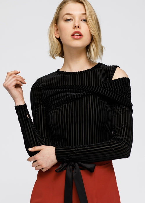 Open Shoulder Stripe Velvet Top