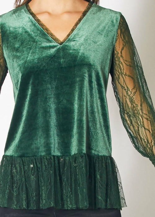 Long Sleeve Velvet Top With Lace Trim in Green