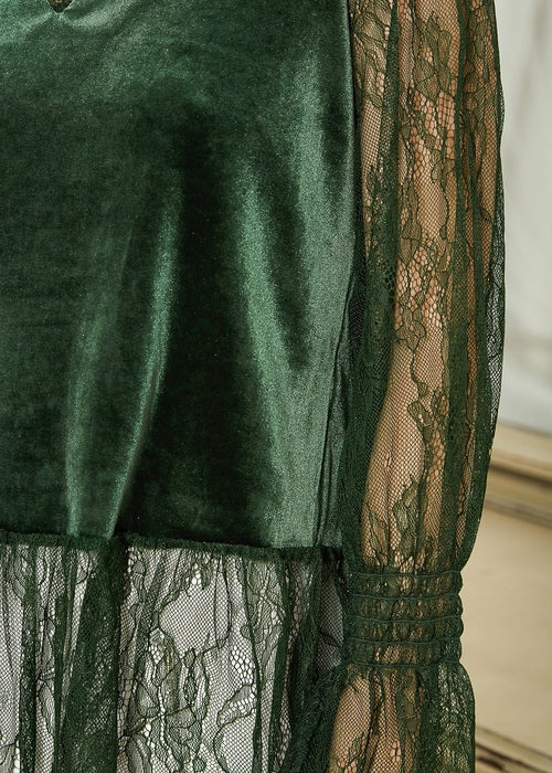 Long Sleeve Velvet Top With Lace Trim in Green