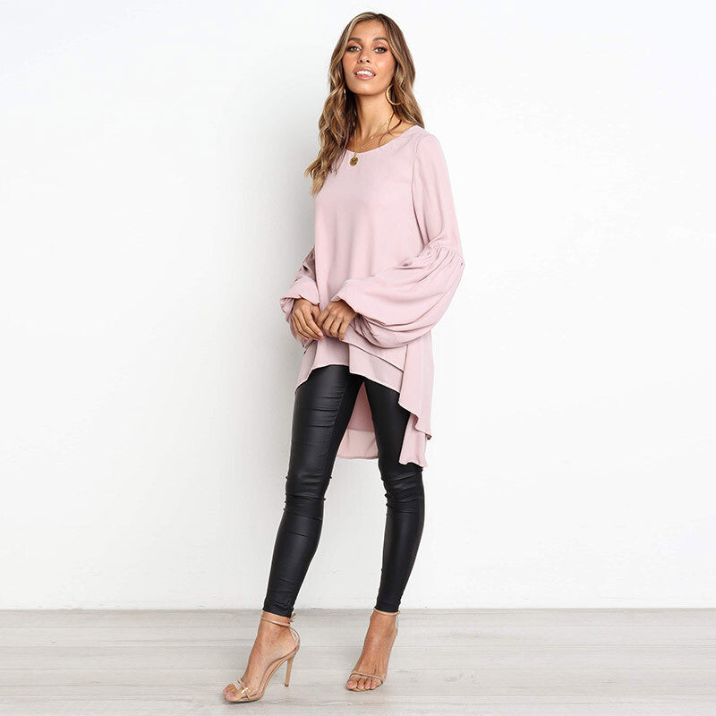 New women's puff sleeves irregular hem solid color long-sleeved shirt